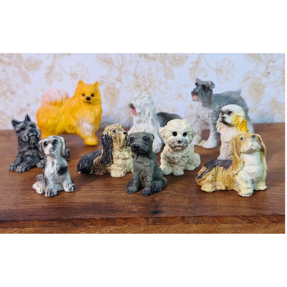 10 Pc Miniature Dog Figurine Lot Resin Plastic Pomeranian Schnauzer Basset Hound
